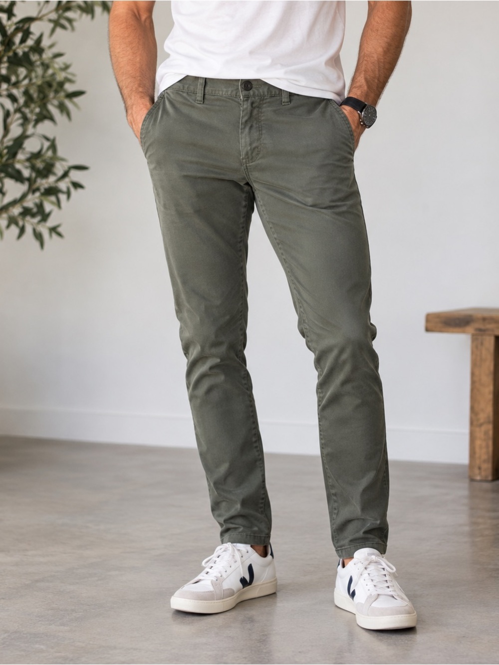Naked & Famous Pants Mens 29x29 Slim Chino Stretch Twill Khaki Green